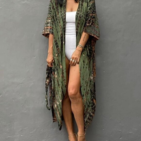 Stylish Tie Dye Open Front Long Kimono Swimsuit Cover Up for Women Swimwear Cove - Picture 2 of 5